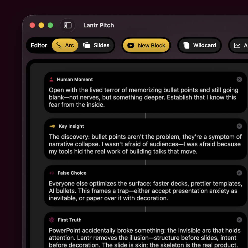 Lantr screenshot showing the narrative arc builder