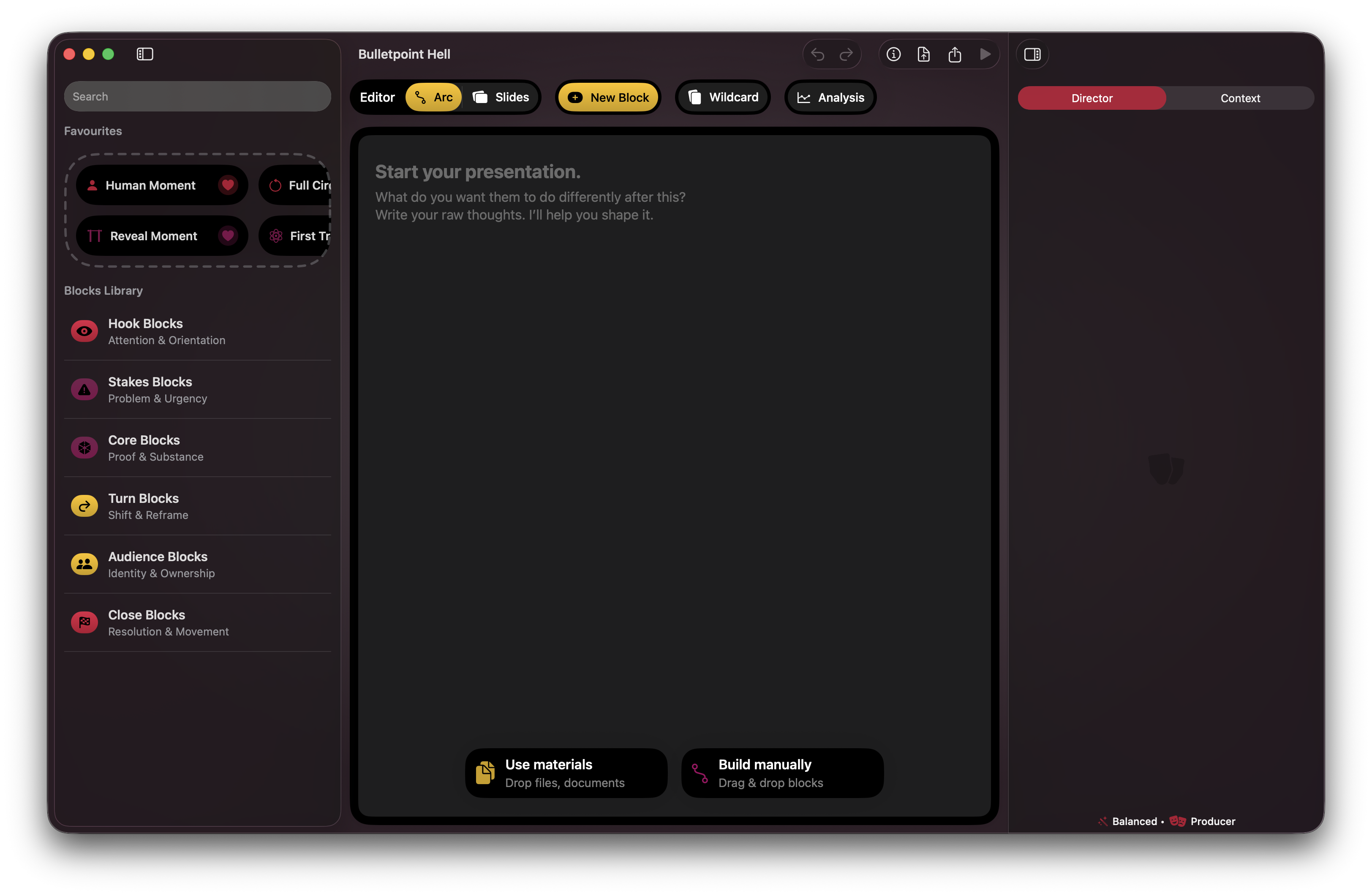 Lantr editor window showing the narrative arc workspace and Director context